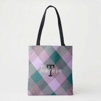 Bolsa Tote Xadrez Rosa Azul Escandinavo Monograma Nome