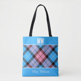 Bolsa Tote Xadrez rosa azul Tartan Nome do Monograma Personal
