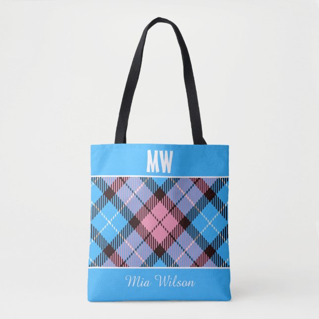 Bolsa Tote Xadrez rosa azul Tartan Nome do Monograma Personal (Frente)