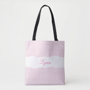 Bolsa Tote Xadrez Rosa e Branco Clássico Nome Personalizado