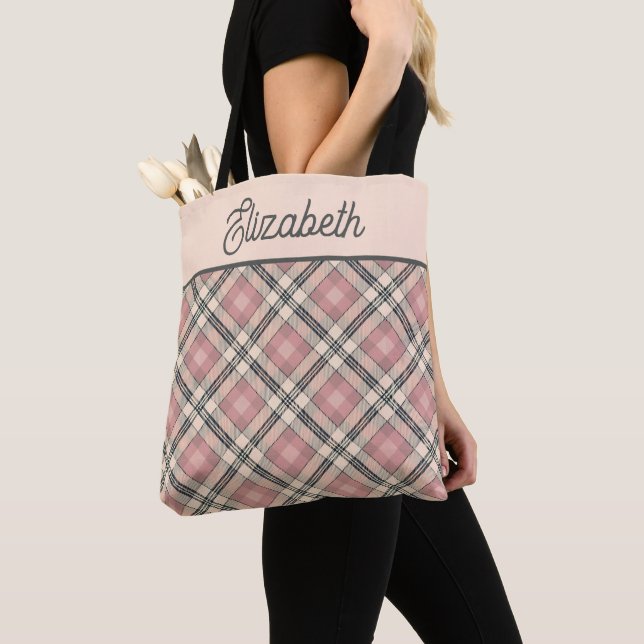 Bolsa Tote Xadrez Rosa e Preto Préppy (Close Up)