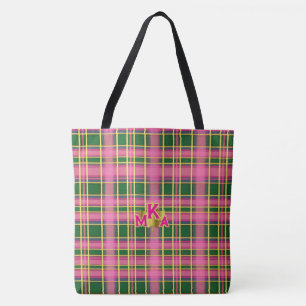 Bolsa Tote Xadrez Rosa e Verde Chic com Monograma