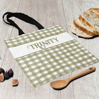 Bolsa Tote Xadrez Sage Green Gingham Personalizada