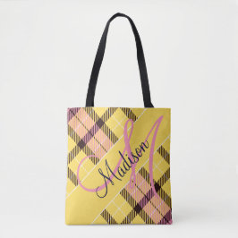 Bolsa Tote Xadrez/Tartan Rosa e Amarelo Elegante | Adicione o