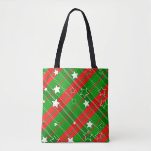 Bolsa Tote Xadrez Verde e Vermelho c/Estrelas