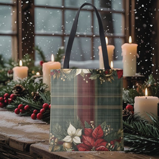 Bolsa Tote Xadrez Verde Elegante e Natal de Poinsettia Vermel (Criador carregado)