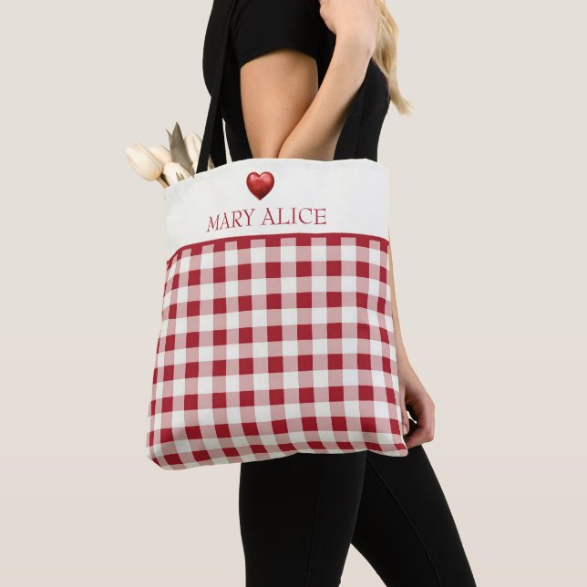 Bolsa Tote Xadrez Vermelho e Creme Antigo Com Coração (Close Up)