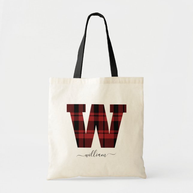 Bolsa Tote Xadrez Vermelho e Negro Monograma - Letra "W" (Frente)