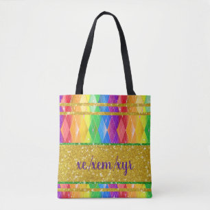 Bolsa Tote xem xyr pronoun glitter arco-íris argyle