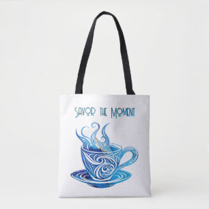 Bolsa Tote Xícara de café azul artístico com Padrões giratóri