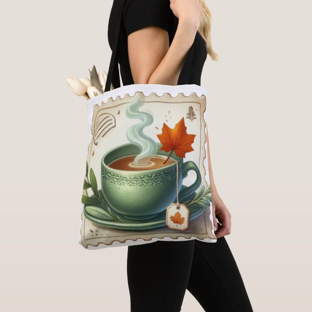 BOLSA TOTE XÍCARA DE CAFÉ COM TEMA DE OUTONO VERDE & PILHA DE (Close Up)
