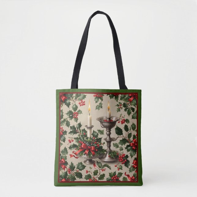 Bolsa Tote Xmas Holly e Candles Fantasy (Frente)