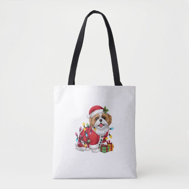 Bolsa Tote Xmas Lighting Papais noeis Shih Tzu Dog Natal (Frente)