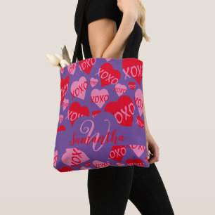 Bolsa Tote XOXO Coração Cor-de-Rosa Padrão Monograma Roxo