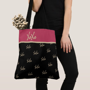 Bolsa Tote XOXO Dourado, preto, tipografia rosa-quente