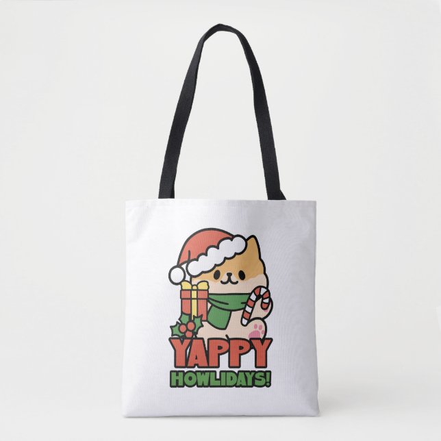 Bolsa Tote Yappy Howlidays - Bela Cartoon de Cão de Natal (Frente)
