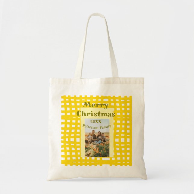 Bolsa Tote Yellow white plaid retro Christmas holiday family  (Frente)
