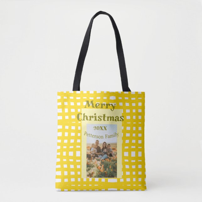 Bolsa Tote Yellow white plaid retro Christmas holiday family  (Frente)