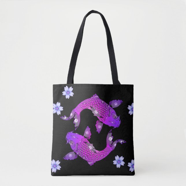 Bolsa Tote Yin yang floral negro oriental de peixe Koi (Frente)