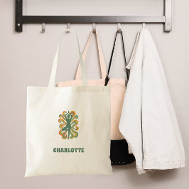 Bolsa Tote Yoga pose swirls green orange name retro
