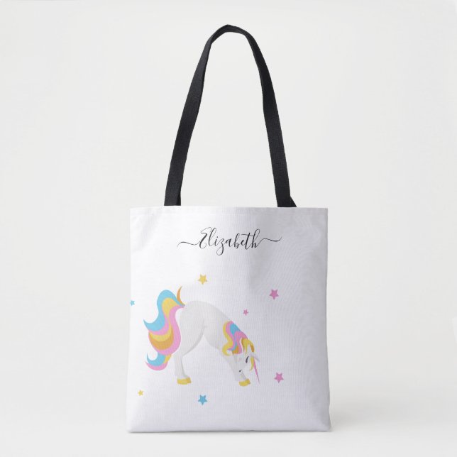 Bolsa Tote Yoga Unicorn coloca um belo nome branco divertido (Frente)