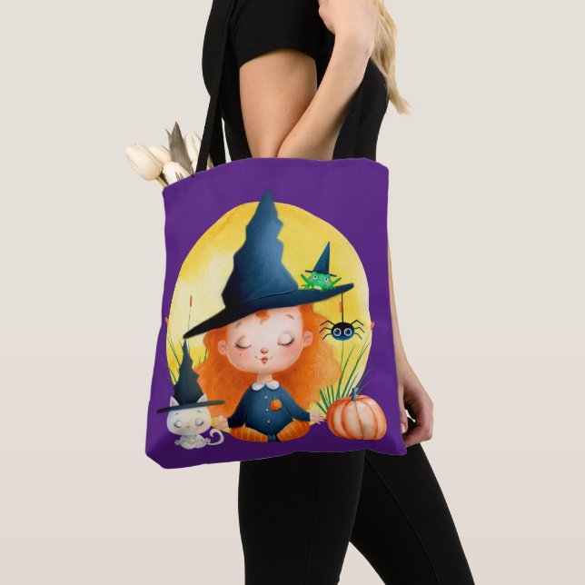 Bolsa Tote Yoga Witch e Cat Watercolor Halloween Roxo (Close Up)