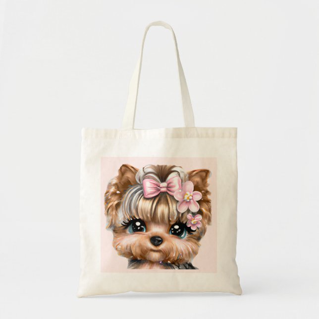 Bolsa Tote Yorkie bonito com um Arco rosa (Frente)