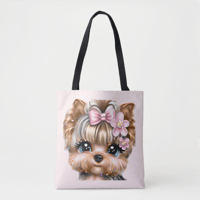 Bolsa Tote Yorkie bonito com um Arco rosa (Frente)