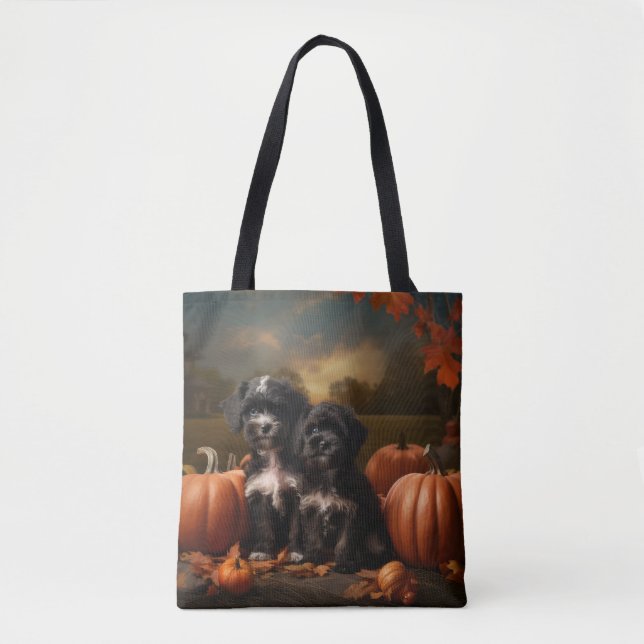 Bolsa Tote Yorkipoo Puppy Autumn Delight Pumpkin (Frente)