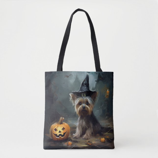 Bolsa Tote Yorkshire Terrier Pumpkins Halloween Scary (Frente)