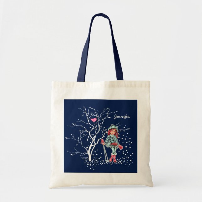Bolsa Tote Young Girl Skier | Presente de Natal de Nome Perso (Frente)