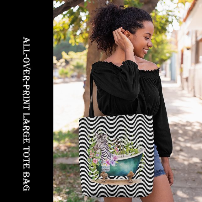Bolsa Tote Zebra em Tub Black White Wavy Stripes Psicedélica (Zebra in Tub Black White Wavy Stripes Psychedelic Tote Bag, large bag, all-over-print bag, shopping)