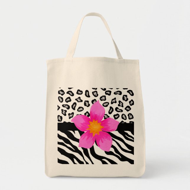 Bolsa Tote Zebra Preta e Branca e Pele Chita e Flor Rosa Rosa (Frente)