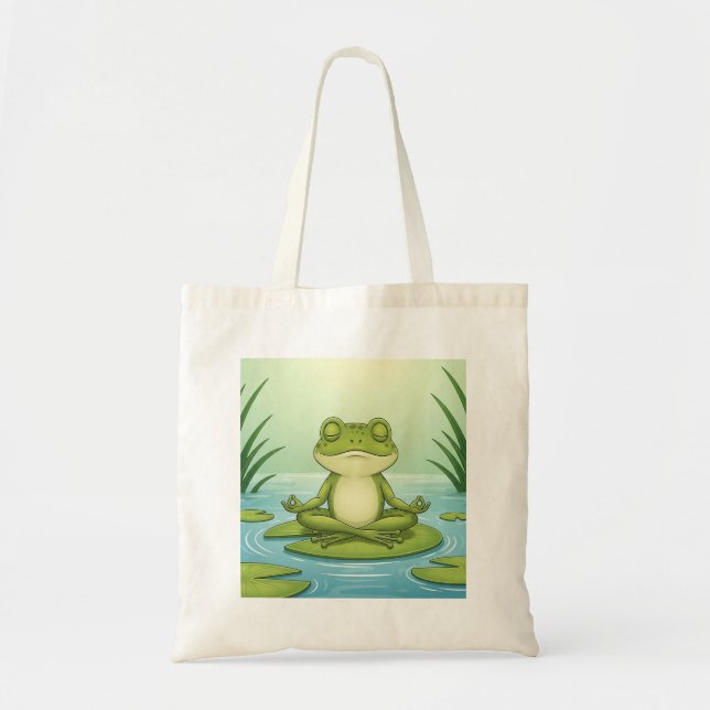 Bolsa Tote Zen Frog Meditating on Lily Pad – Peaceful Yoga Ca (Frente)