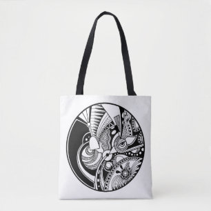Bolsa Tote Zendala abstrato preto e branco no círculo 2