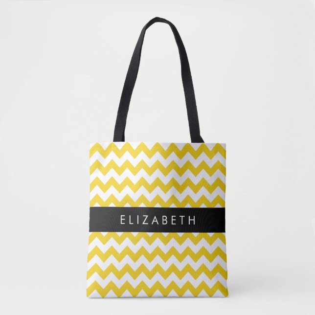 Bolsa Tote Zigzag Amarelo, Chevron Amarelo, Seu Nome (Frente)