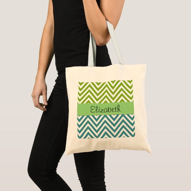 Bolsa Tote Zigzag Azul, Zigzag Verde, Chevron, Seu Nome (Frente (produto))
