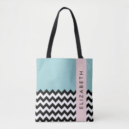 Bolsa Tote Zigzag preto-e-branco, Chevron, azul, seu nome