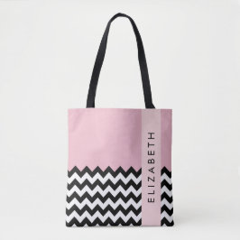 Bolsa Tote Zigzag preto-e-branco, Chevron, rosa, seu nome