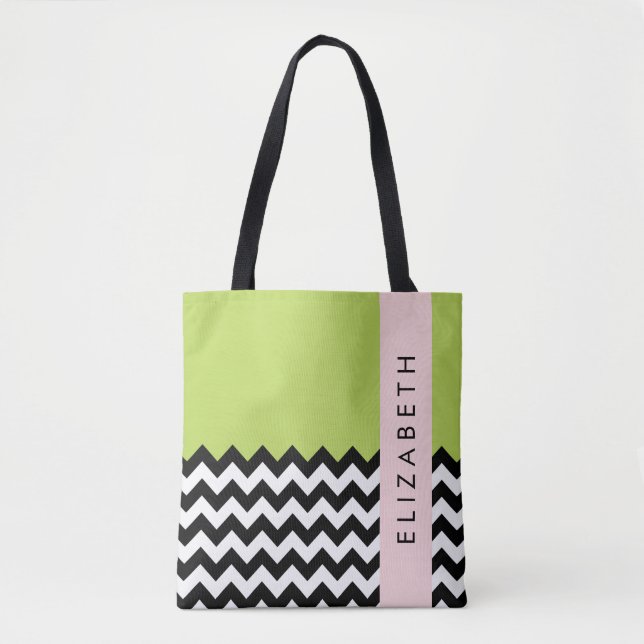 Bolsa Tote Zigzag preto-e-branco, Chevron, verde, seu nome (Frente)