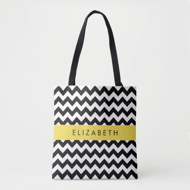 Bolsa Tote Zigzag preto-e-branco, padrão Chevron, seu nome (Frente)