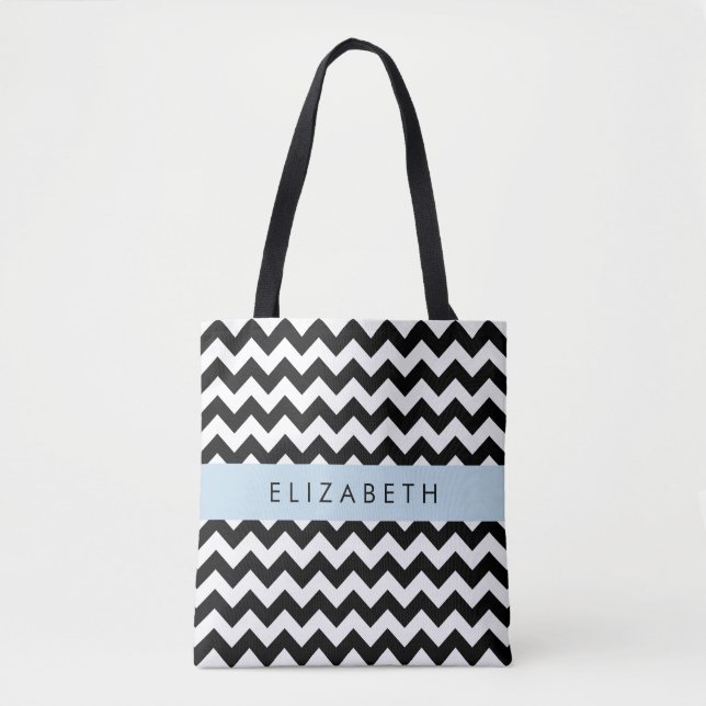 Bolsa Tote Zigzag preto-e-branco, padrão Chevron, seu nome (Frente)
