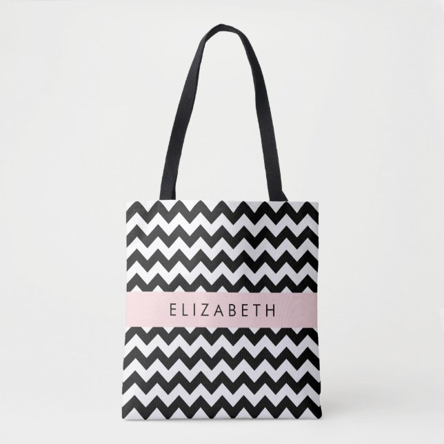 Bolsa Tote Zigzag preto-e-branco, padrão Chevron, seu nome (Frente)