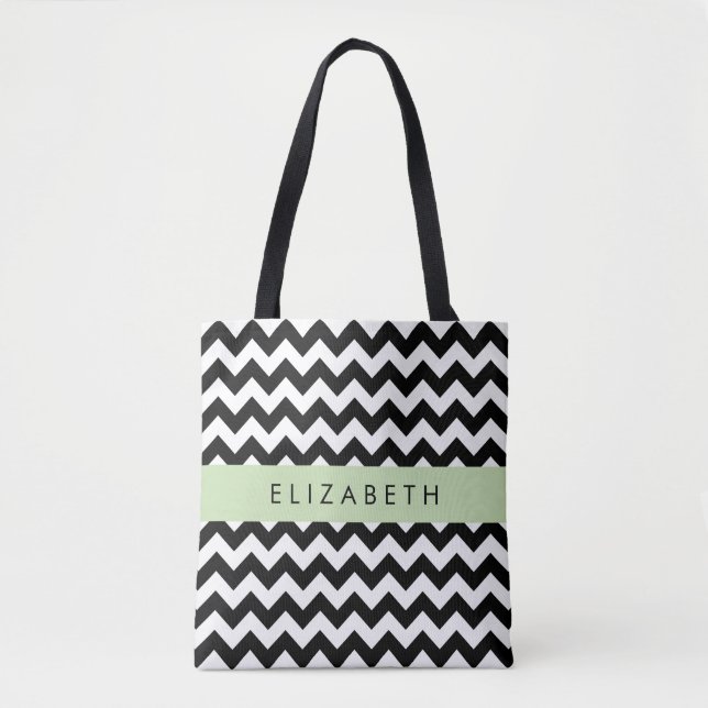 Bolsa Tote Zigzag preto-e-branco, padrão Chevron, seu nome (Frente)