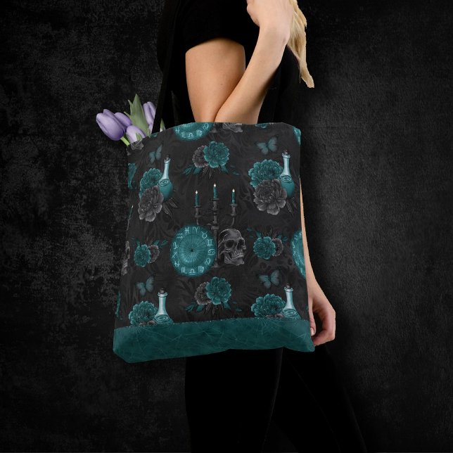 Bolsa Tote Zodiac Magic | Rosas de crânio Gótico, verde-escur (Criador carregado)
