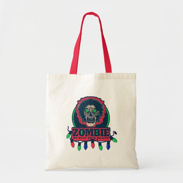 Bolsa Tote Zombie - Queremos Seus Cérebros - Luzes De Natal (Frente)