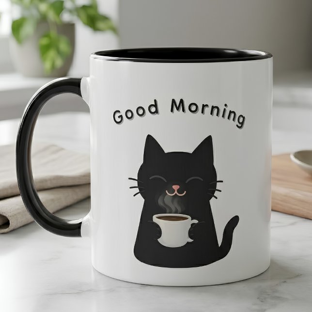 "Bom Dia" Caneca de Café Gato Preto Tom-Tom (Criador carregado)