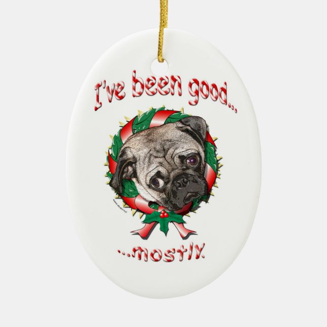 Bom Pug... na maioria! Ornamento Oval de Natal (Frente)