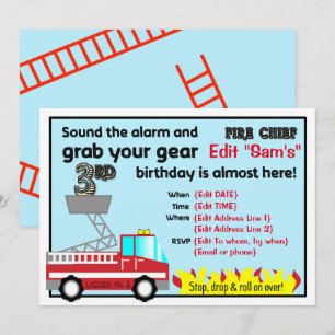 Bombeiro aniversário de 3 anos convites de festas 