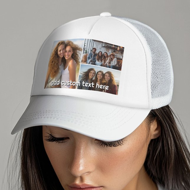 Boné 3 Colagem de Fotos com 1 Linha de Texto (Custom Photo Gallery on a Trucker Hat)